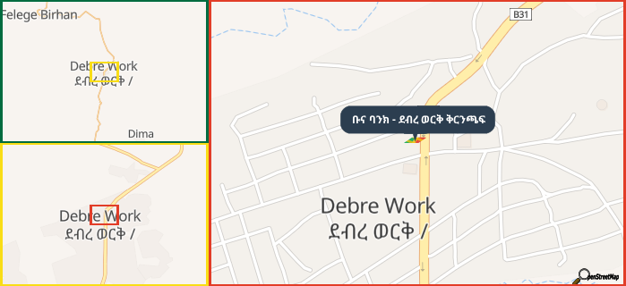 Map showing the address of ቡና ባንክ - ደብረ ወርቅ ቅርንጫፍ in three different zoom levels.