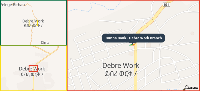 Map showing the address of Bunna Bank - Debre Work Branch in three different zoom levels.