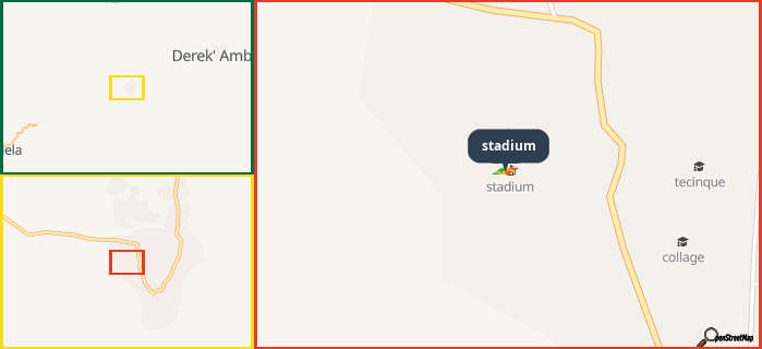 Map showing the address of stadium in three different zoom levels.