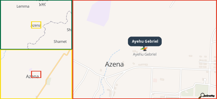 Map showing the address of Ayehu Gebriel in three different zoom levels.
