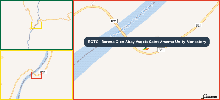 Map showing the address of EOTC - Borena Gion Abay Asqets Saint Arsema Unity Monastery in three different zoom levels.