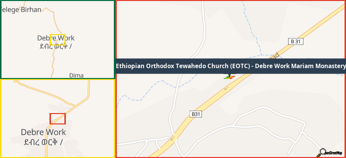 Map showing the address of Ethiopian Orthodox Tewahedo Church (EOTC) - Debre Work Mariam Monastery in three different zoom levels.