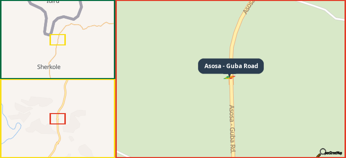 Map showing the address of Asosa - Guba Road in three different zoom levels.