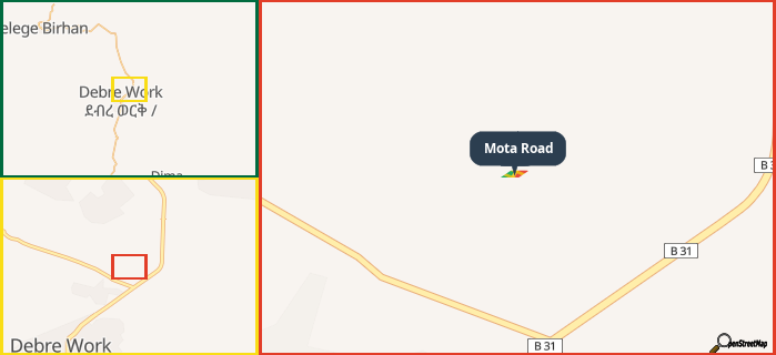 Map showing the address of Mota Road in three different zoom levels.
