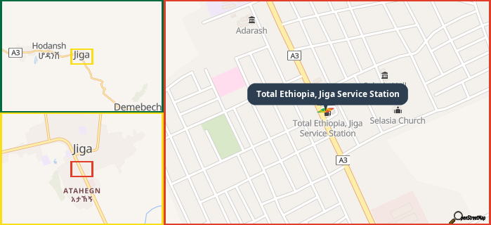 Map showing the address of Total Ethiopia, Jiga Service Station in three different zoom levels.