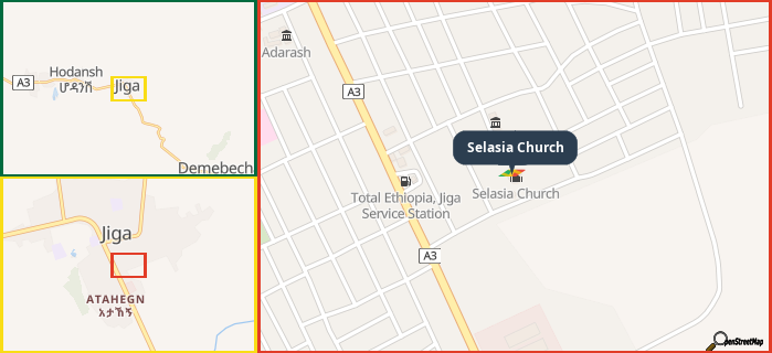 Map showing the address of Selasia Church in three different zoom levels.