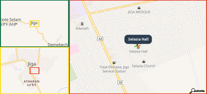 Map showing the address of Selasia Hall in three different zoom levels.