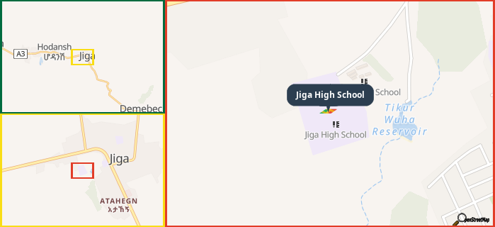 Map showing the address of Jiga High School in three different zoom levels.