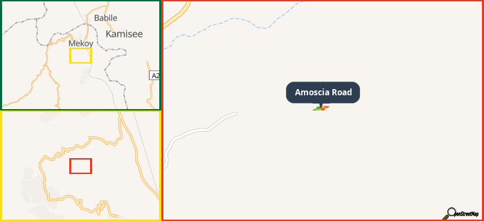 Map showing the address of Amoscia Road in three different zoom levels.