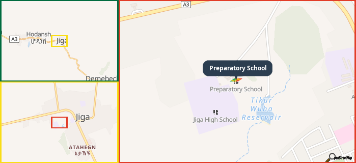 Map showing the address of Preparatory School in three different zoom levels.