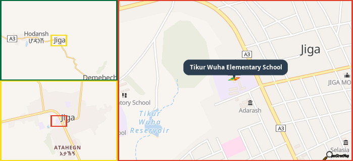 Map showing the address of Tikur Wuha Elementary School in three different zoom levels.