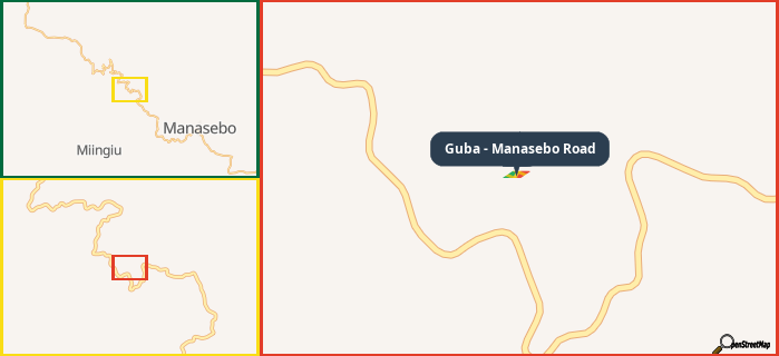 Map showing the address of Guba - Manasebo Road in three different zoom levels.