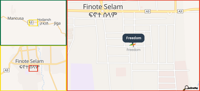 Map showing the address of Freedom in three different zoom levels.