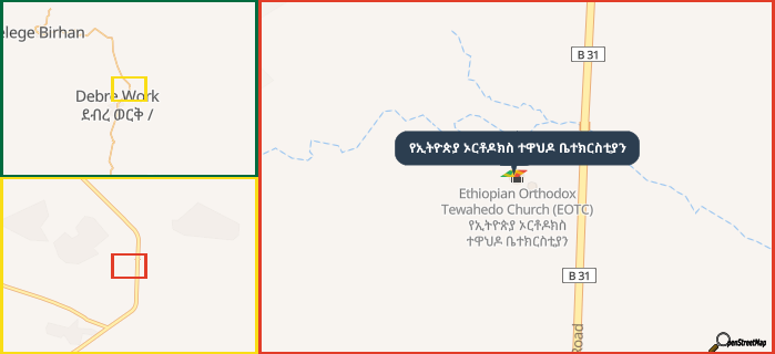 Map showing the address of የኢትዮጵያ ኦርቶዶክስ ተዋህዶ ቤተክርስቲያን in three different zoom levels.