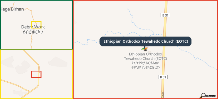 Map showing the address of Ethiopian Orthodox Tewahedo Church (EOTC) in three different zoom levels.