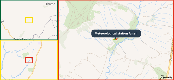 Map showing the address of Meteorological station Anjeni in three different zoom levels.