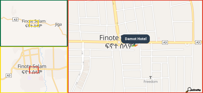 Map showing the address of Damot Hotel in three different zoom levels.