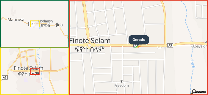 Map showing the address of Gerado in three different zoom levels.