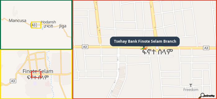 Map showing the address of Tsehay Bank Finote Selam Branch in three different zoom levels.