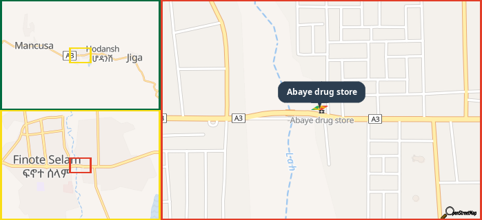Map showing the address of Abaye drug store in three different zoom levels.