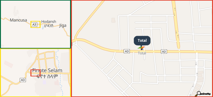 Map showing the address of Total in three different zoom levels.