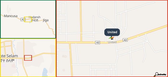 Map showing the address of United in three different zoom levels.