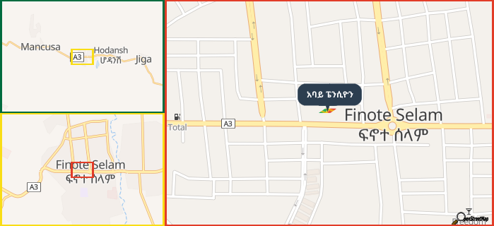 Map showing the address of አባይ ፔንሲዮን in three different zoom levels.
