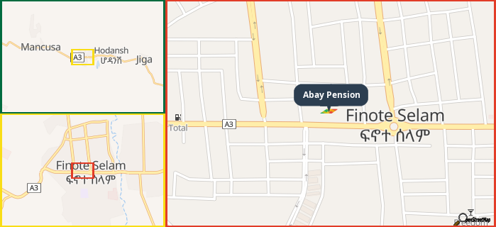 Map showing the address of Abay Pension in three different zoom levels.