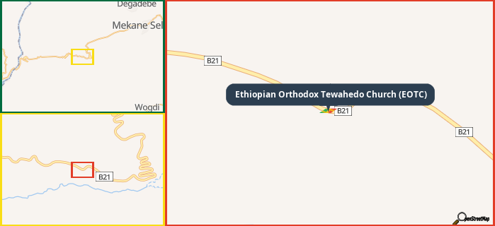 Map showing the address of Ethiopian Orthodox Tewahedo Church (EOTC) in three different zoom levels.
