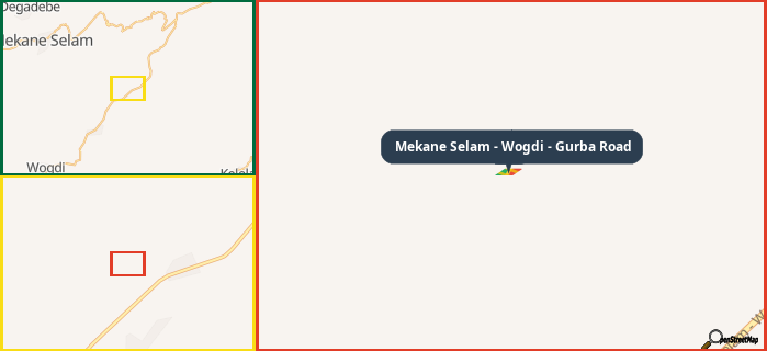 Map showing the address of Mekane Selam - Wogdi - Gurba Road in three different zoom levels.