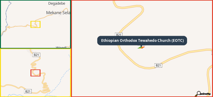 Map showing the address of Ethiopian Orthodox Tewahedo Church (EOTC) in three different zoom levels.
