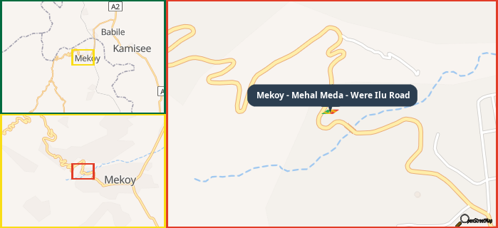 Map showing the address of Mekoy - Mehal Meda - Were Ilu Road in three different zoom levels.