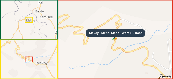 Map showing the address of Mekoy - Mehal Meda - Were Ilu Road in three different zoom levels.