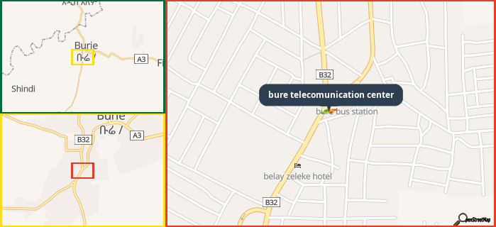 Map showing the address of bure telecomunication center in three different zoom levels.