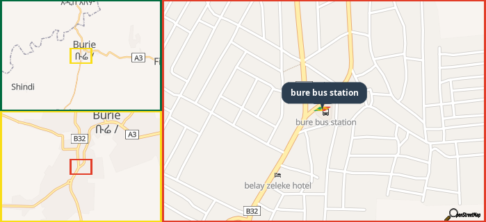 Map showing the address of bure bus station in three different zoom levels.