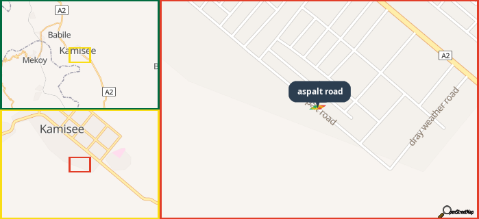 Map showing the address of aspalt road in three different zoom levels.