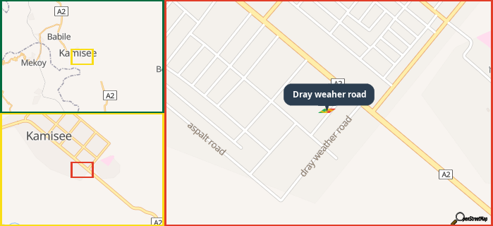 Map showing the address of Dray weaher road in three different zoom levels.