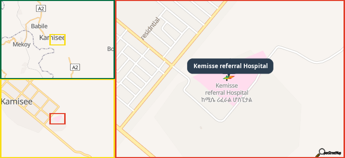 Map showing the address of Kemisse referral Hospital in three different zoom levels.