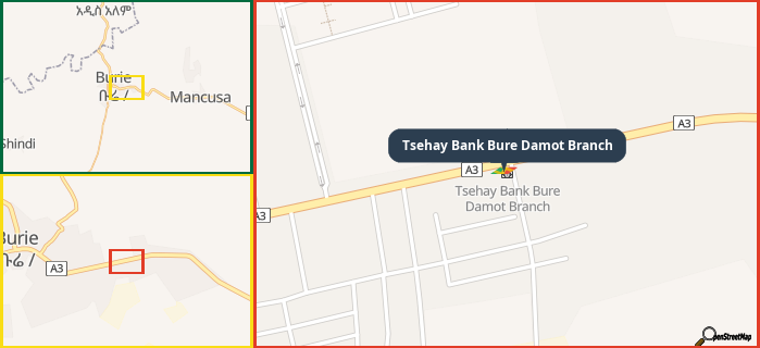 Map showing the address of Tsehay Bank Bure Damot Branch in three different zoom levels.