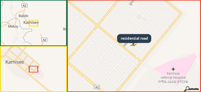Map showing the address of residential road in three different zoom levels.