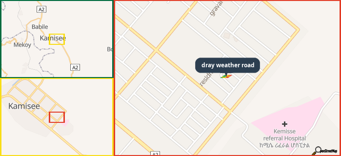 Map showing the address of dray weather road in three different zoom levels.