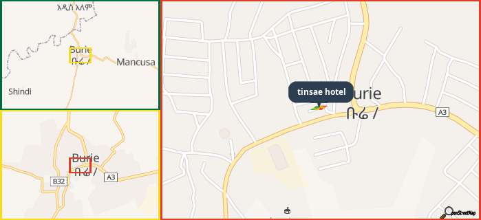 Map showing the address of tinsae hotel in three different zoom levels.