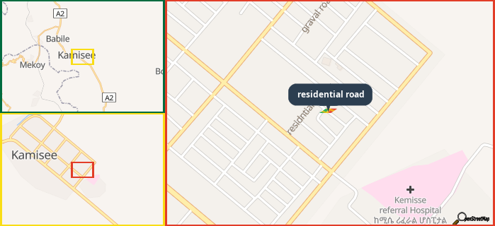 Map showing the address of residential road in three different zoom levels.