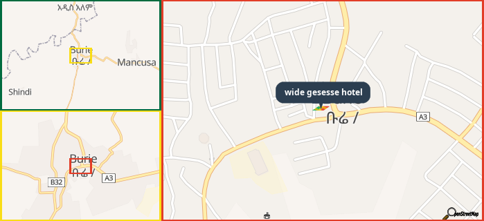 Map showing the address of wide gesesse hotel in three different zoom levels.