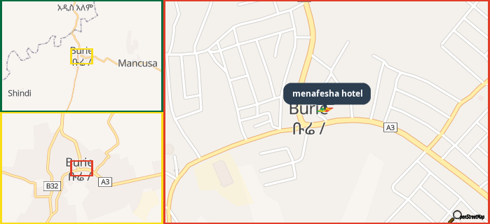 Map showing the address of menafesha hotel in three different zoom levels.