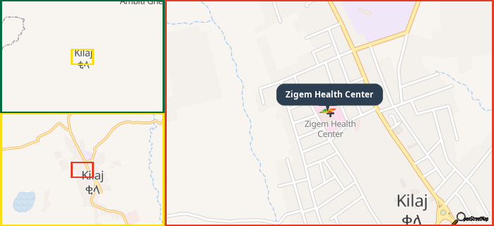Map showing the address of Zigem Health Center in three different zoom levels.