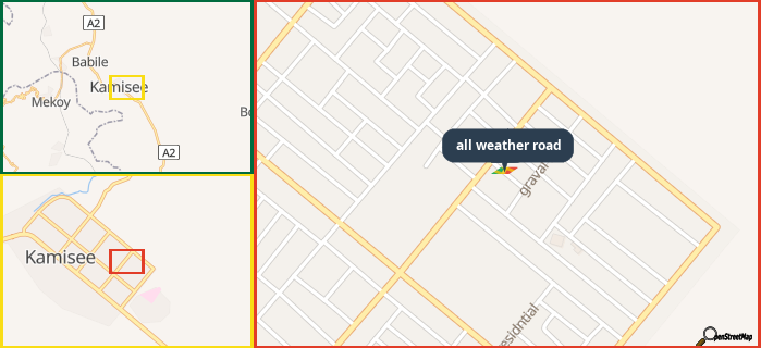 Map showing the address of all weather road in three different zoom levels.