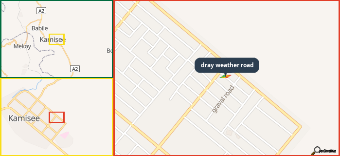 Map showing the address of dray weather road in three different zoom levels.