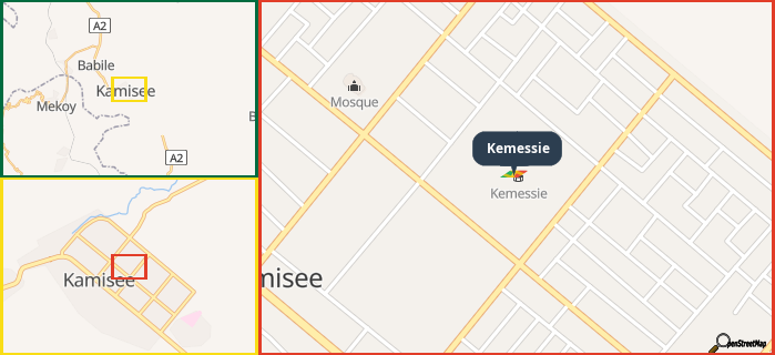 Map showing the address of Kemessie in three different zoom levels.