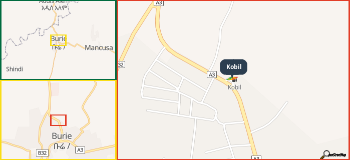 Map showing the address of Kobil in three different zoom levels.